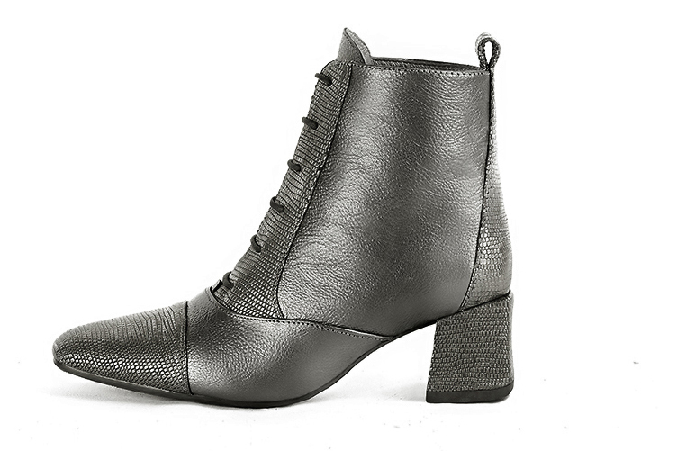 Dark grey women's ankle boots with laces at the front. Square toe. Medium block heels. Profile view - Florence KOOIJMAN